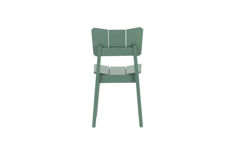 foto da cadeira madeira uma na cor verde escuro em fundo branco visto de trás