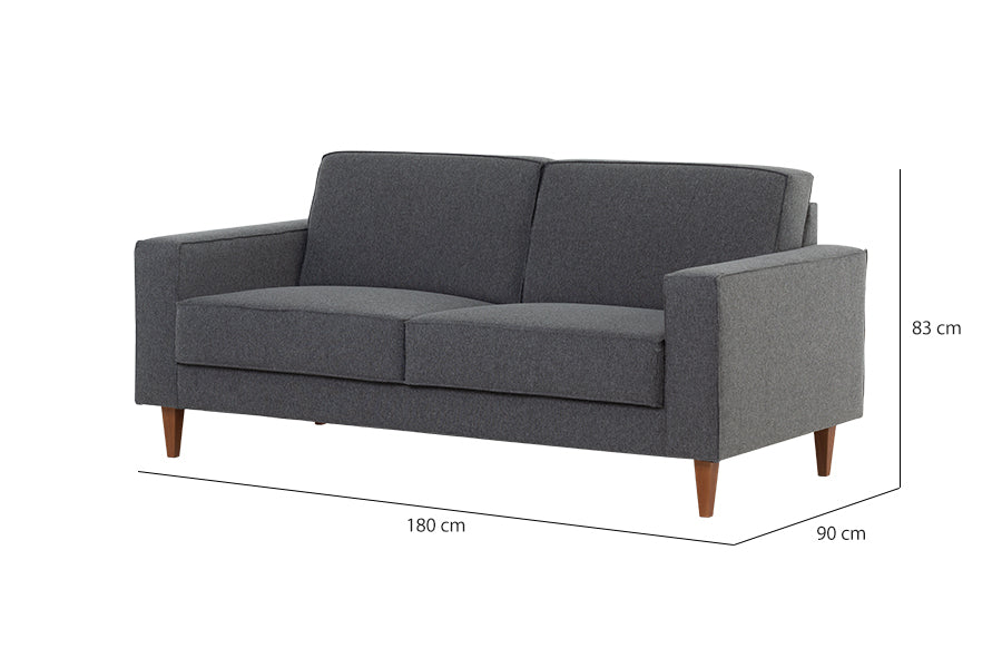 foto do sofa 2 lugares nairóbi na cor cinza escuro em fundo branco visto na diagonal com medidas escritas na imagem