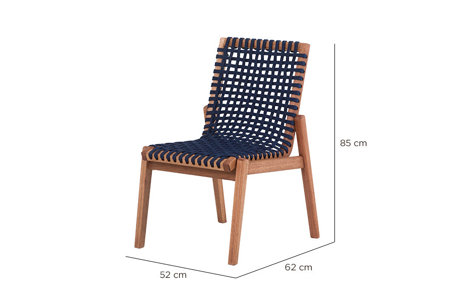 cadeira sem braço jatobá e corda azul com medidas importantes descritas na imagem