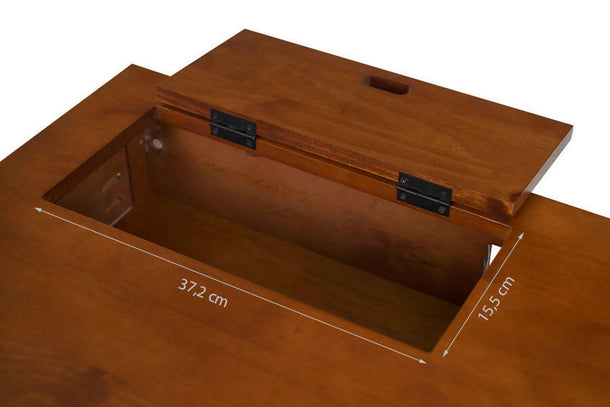 foto da mesa escrivaninha com gavetas bali na cor caramelo focando no nicho do tampo aberto em fundo branco com medidas escritas na imagem