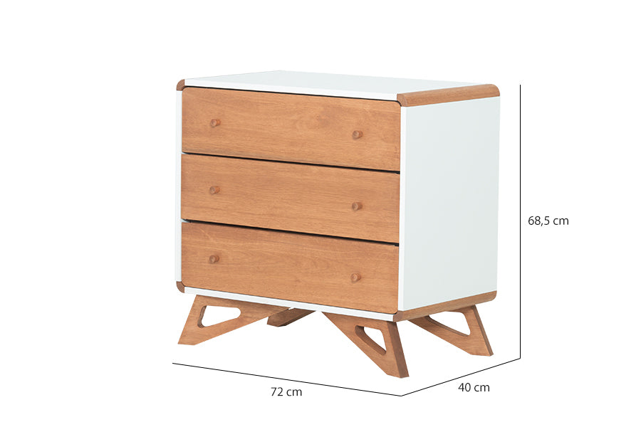 Cômoda para Quarto 3 Gavetas Baori - Branco e Jatobá com medidas