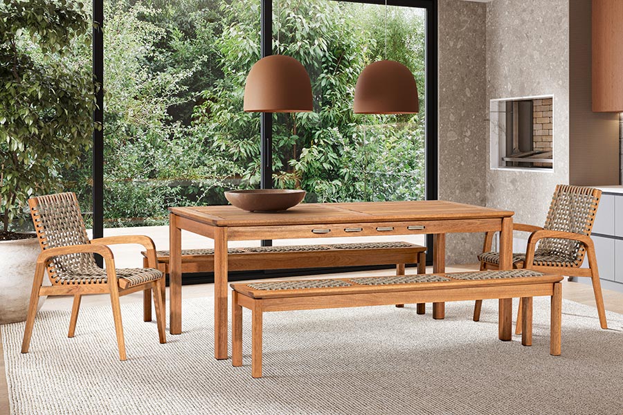 Conjunto Mesa 8 lugares 2 banco e 2 cadeiras Trama  - Jatobá e Corda Rami