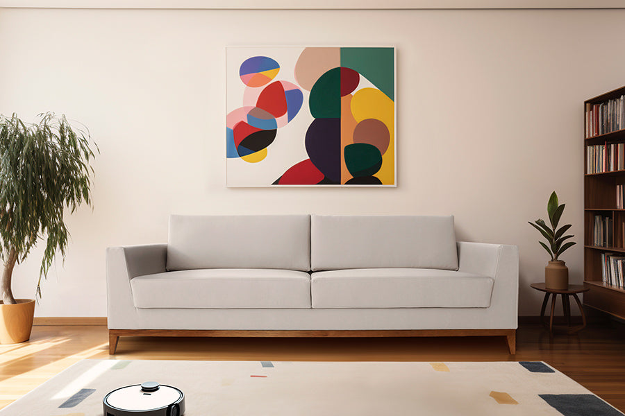 Foto ambientada sofa 3 lugares chanfrê linho em sala de estar visto de frente