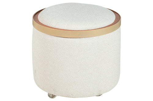 puff bau estofado que vira mesa de centro cor bege visto de frente em fundo branco
