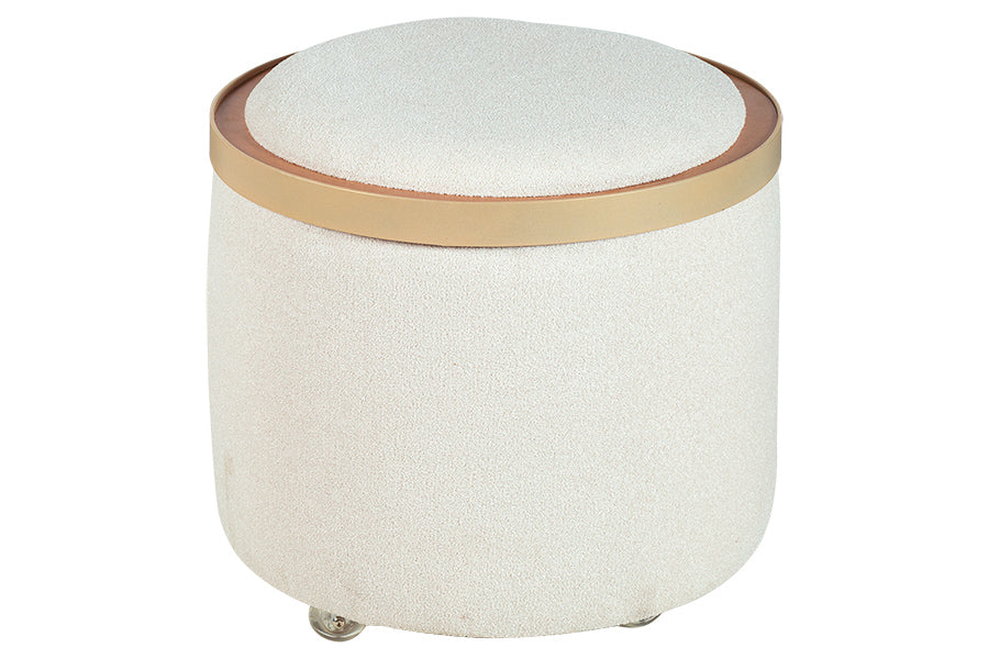 puff bau estofado que vira mesa de centro cor bege visto de frente em fundo branco
