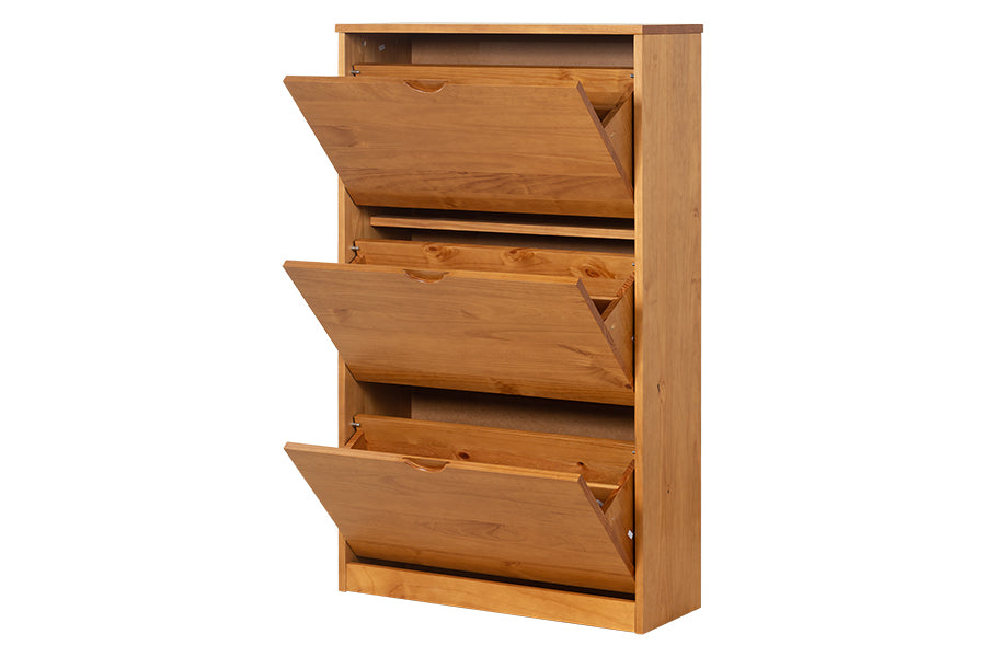 Sapateira de gaveta Liz cor nozes vista em diagonal com gavetas abertas