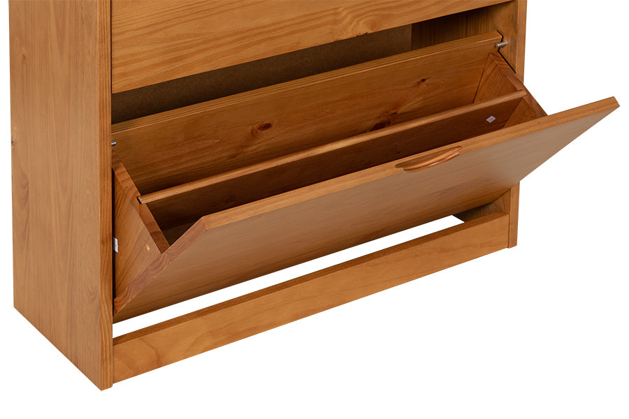 Sapateira de gaveta Liz cor nozes detalhe gaveta aberta