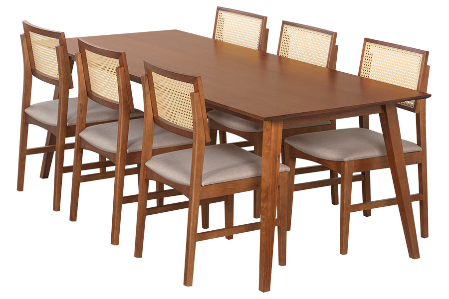 mesa de jantar 8 lugares lotus caramelo vista na diagonal com cadeiras gal