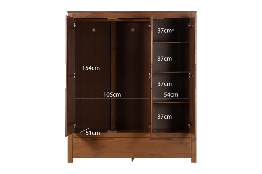 Guarda-Roupa 3 Portas e 2 Gavetas Sintonia - Amêndoa com portas abertas e  medidas