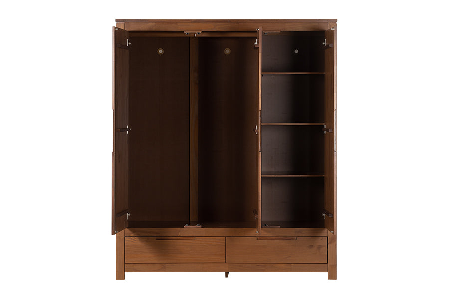 Guarda-Roupa 3 Portas e 2 Gavetas Sintonia - Amêndoa visto de frente com portas abertas