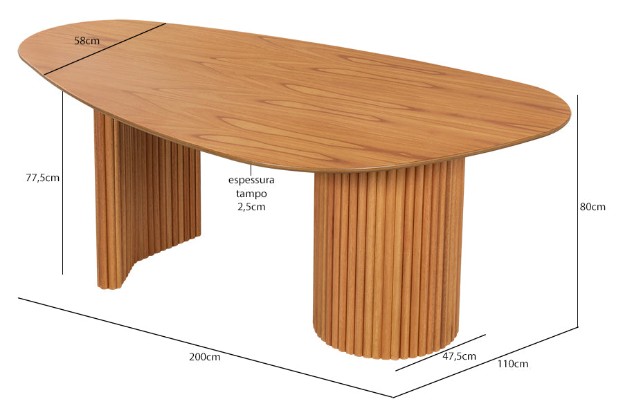 Mesa de Jantar 6 lugares Organica visto em perspectiva com medidas