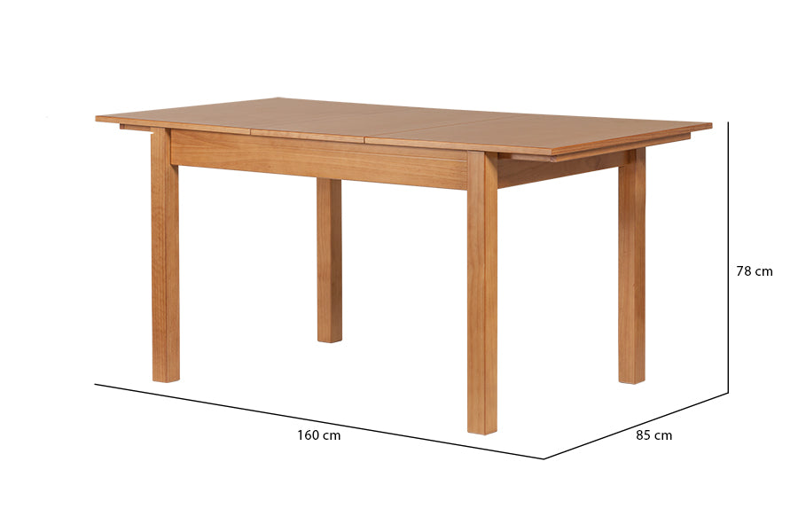 Mesa de Jantar Extensível Euro Nozes no fundo branco vista em perspectiva com um extensor e medidas descritas na imagem