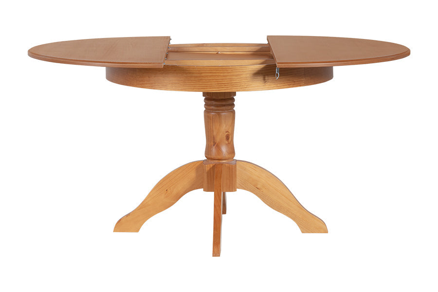 Mesa de Jantar Redonda Extensível Tea  Nozes no fundo branco visto de frente com tampo aberto