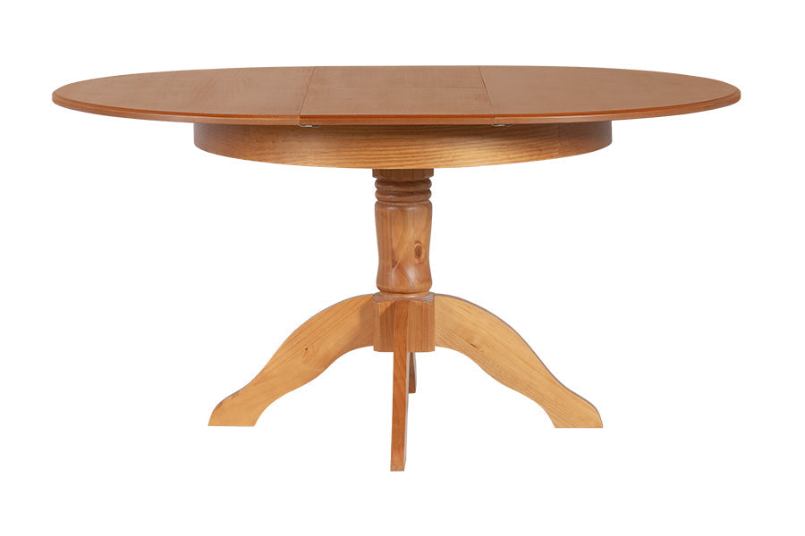 Mesa de Jantar Redonda Extensível Tea  Nozes no fundo branco visto de frente com tampo maior