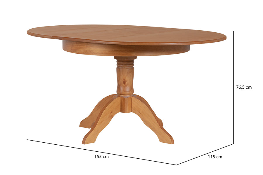 Mesa de Jantar Redonda Extensível Tea  Nozes no fundo branco visto em perspectiva com tampo maior e com medidas