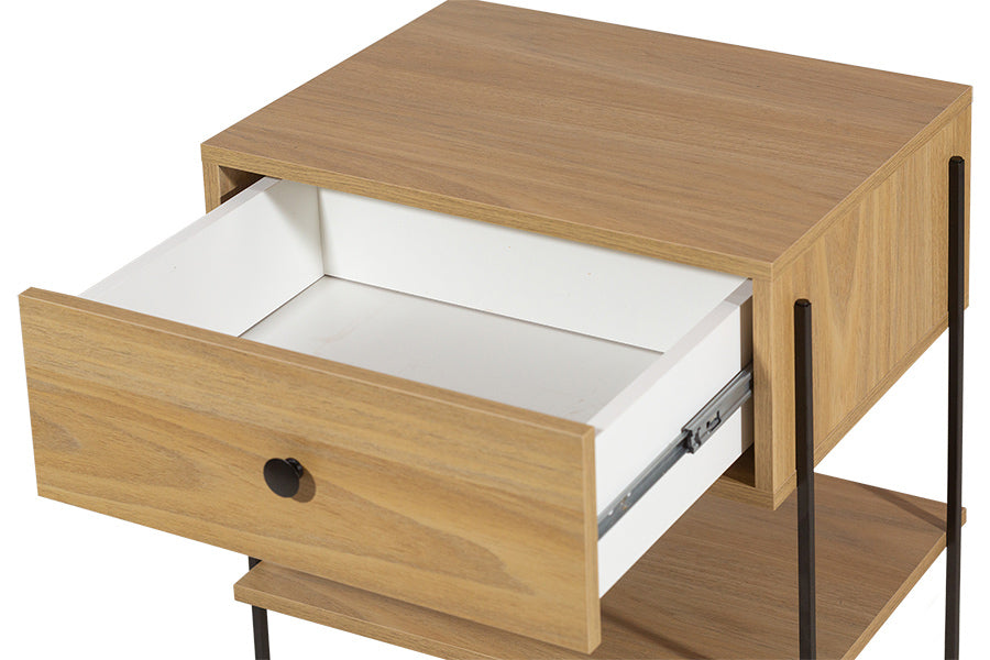 Mesa de cabeceira 1 gaveta leda areia e metal com gaveta aberta