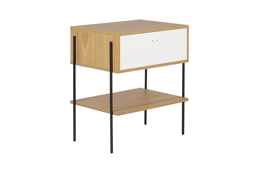 Mesa de cabeceira 1 gaveta leda areia e metal vista de tras em fundo branco