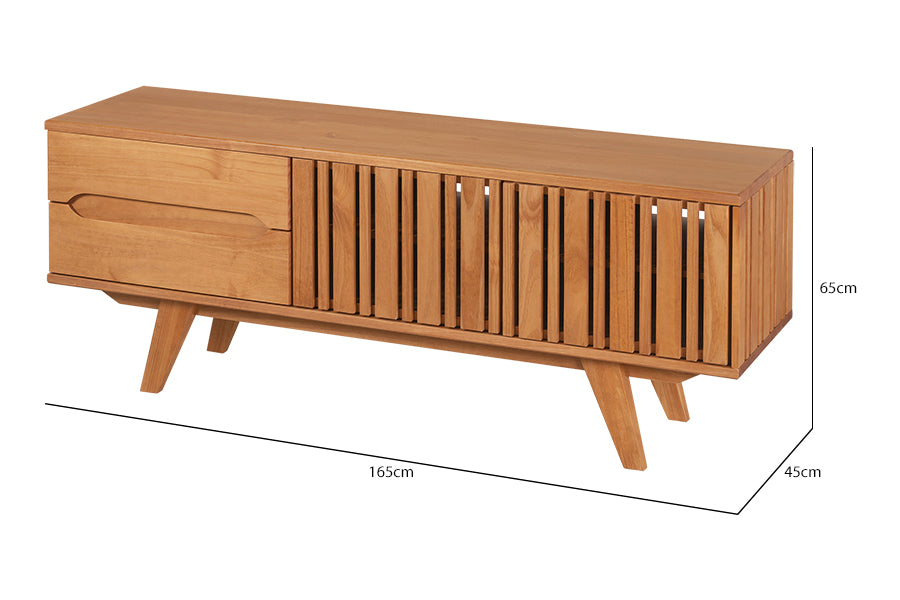 Rack sala 165cm Panteon na cor Nozes com medidas escritas na imagem