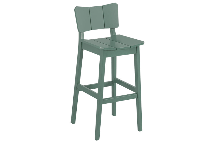 foto da banqueta alta uma na cor verde escuro vista na diagonal em fundo branco