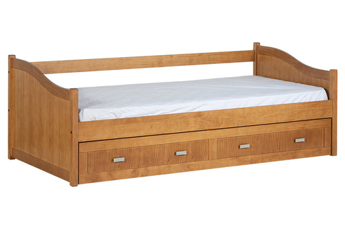 bicama solteiro modulo nozes vista pela diagonal com colchao lencol com cama debaixo fechada