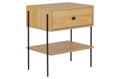 Mesa de cabeceira 1 gaveta leda areia e metal vista na diagonal em fundo branco