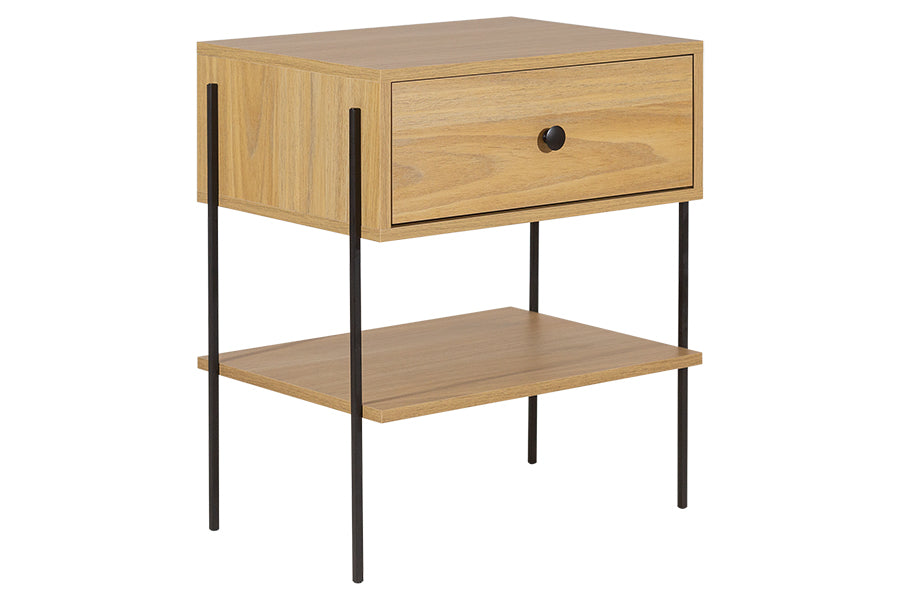 Mesa de cabeceira 1 gaveta leda areia e metal vista na diagonal em fundo branco