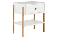 Mesa de cabeceira 1 gaveta leda branco e tauari vista na diagonal em fundo branco