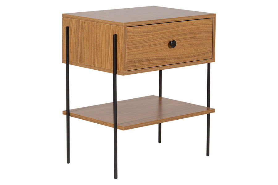 Mesa de cabeceira 1 gaveta leda freijó com freijó e metal vista na diagonal em fundo branco