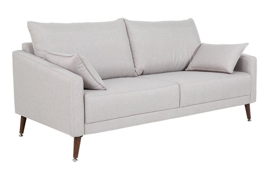 sofa 3 lugares malta cinza claro em fundo infinito visto na diagonal