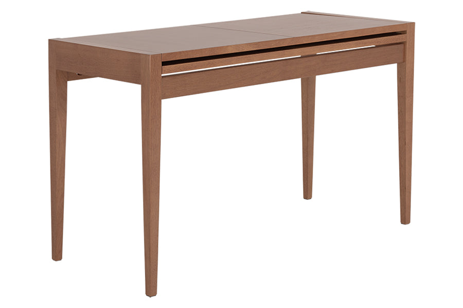 foto da mesa de jantar extensível pina na cor amêndoa em fundo branco vista na diagonal fechada