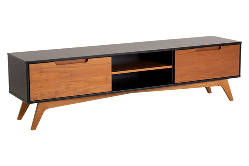 rack para sala kepler garapa e preto em fundo infinito visto na diagonal