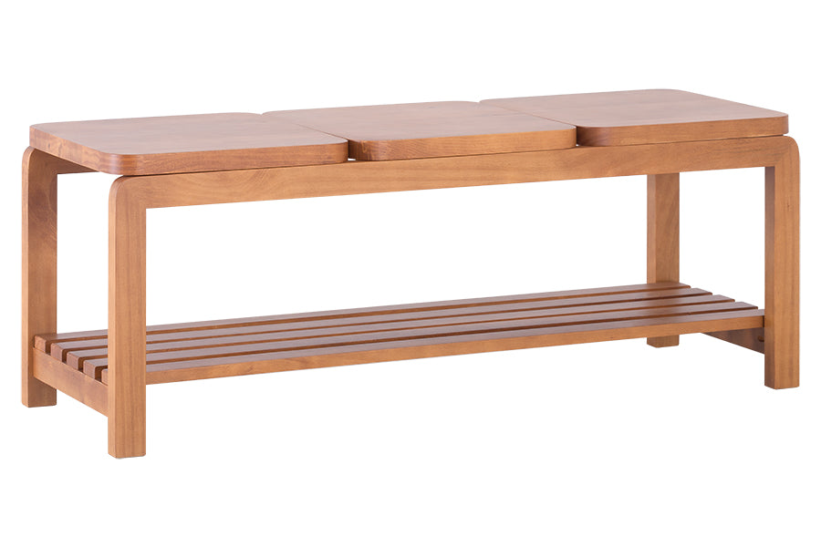 sapateira banco de madeira 3 lugares natu na cor nozes em fundo branco mostrando em vários ângulos