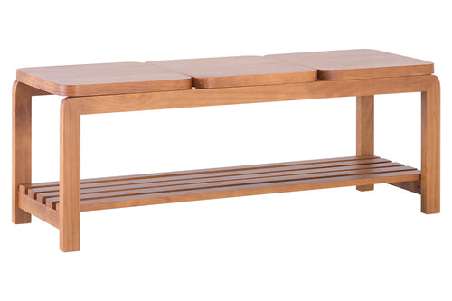sapateira banco de madeira 3 lugares natu na cor nozes em fundo branco mostrando em vários ângulos