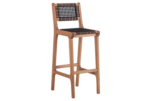 banqueta alta trama jatobá e corda preta vista na diagonal em fundo branco