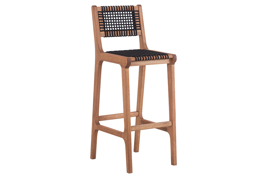 banqueta alta trama jatobá e corda preta vista na diagonal em fundo branco