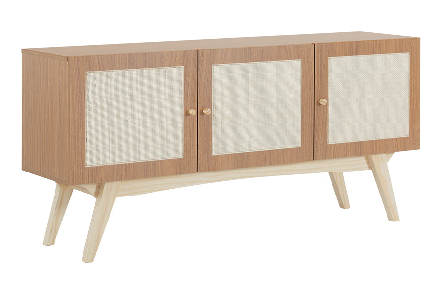 buffet aparador com 3 portas bosco freijó e natural visto na diagonal em fundo branco