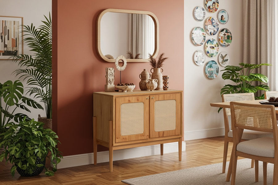 Buffet de madeira com duas portas com detalhe de tela Grace em sala de jantar decorada.