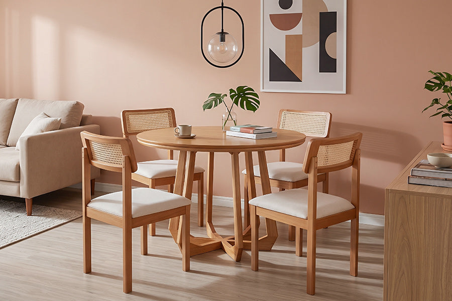 Cadeira de Jantar Lina com Tela - Mel e Tecido Cru ambientada na sala de jantar