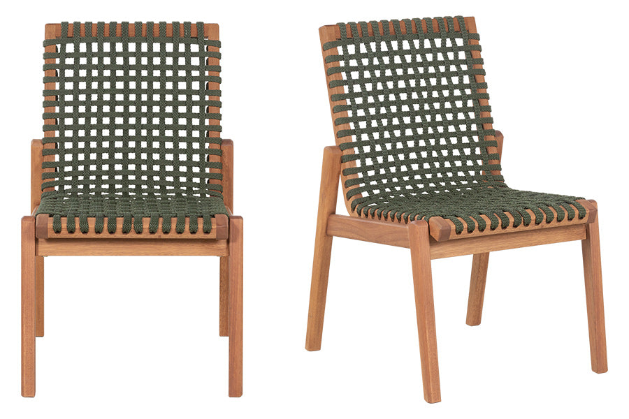 cadeira para cozinha trama kit com 2 jatoba e corda verde uma cadeira vista de frente e outra vista de diagonal