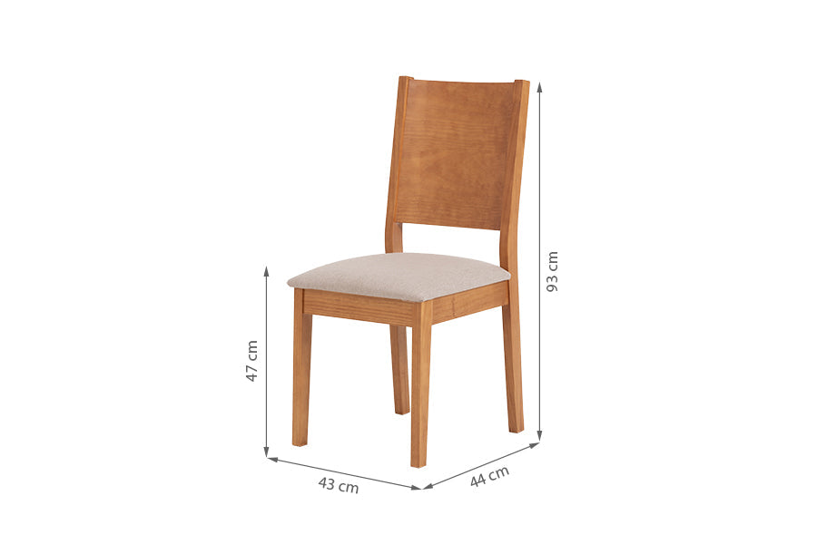 cadeira sala de jantar moderna euro kit com 2 nozes e tecido bege claro vista na diagonal com medidas escritas na imagem