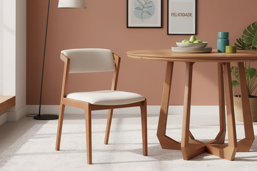 cadeira santorini mel e cru com mesa atrio ambientadas na sala de jantar