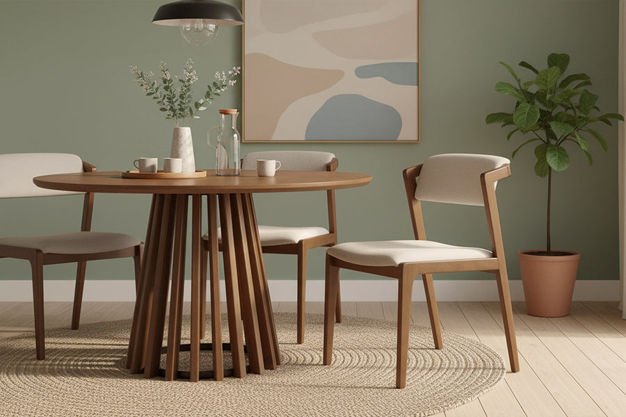 cadeira santorini cru e mesa de jantar didion ambientadas na sala de jantar