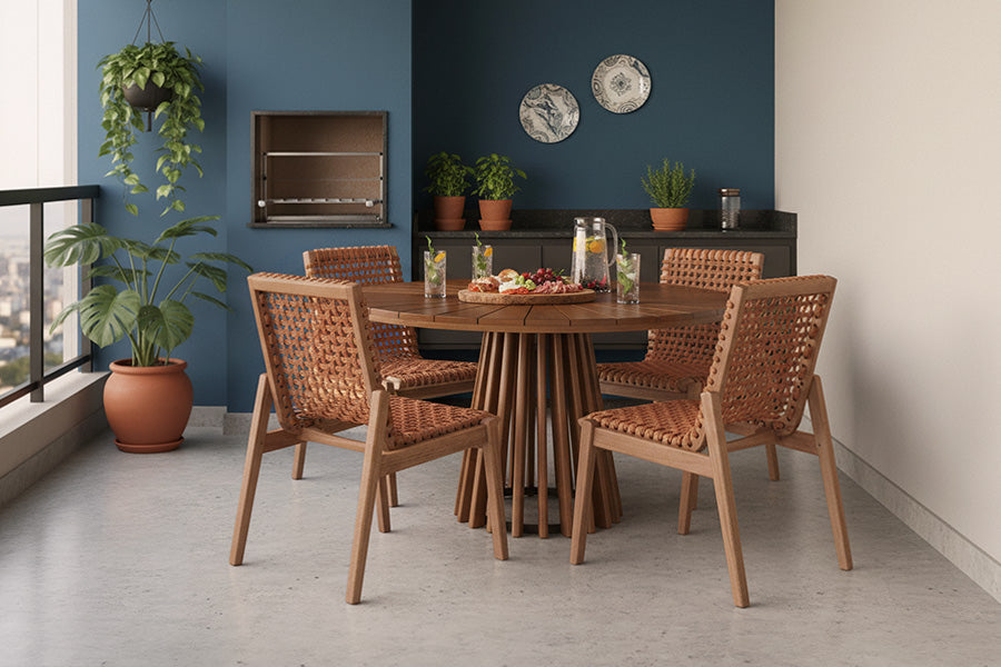 cadeira trama ocre e mesa gourmet ambientados na varanda