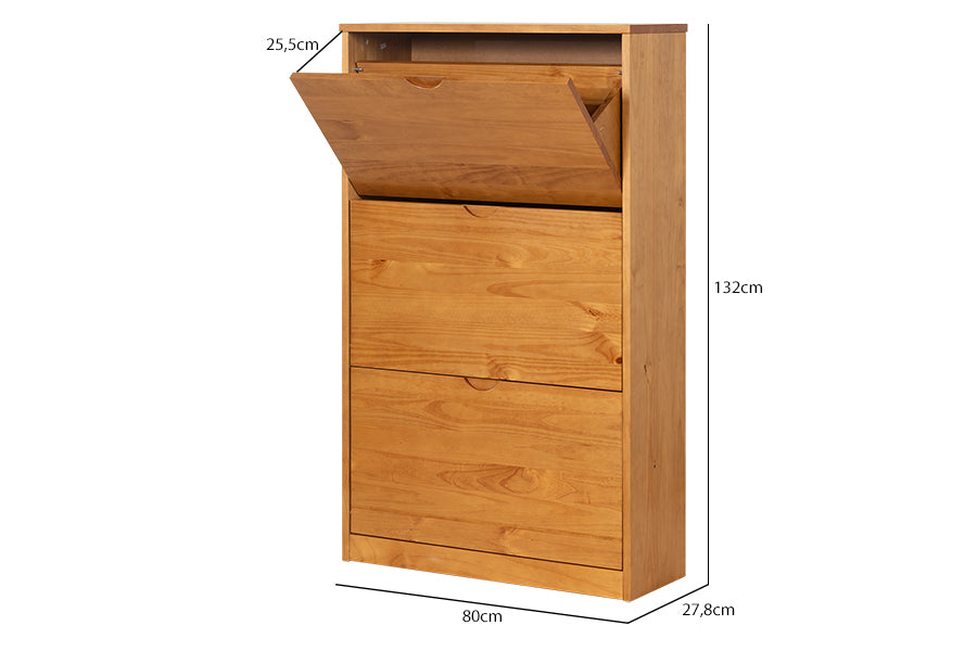 Sapateira de gaveta Liz cor nozes vista em diagonal com medidas