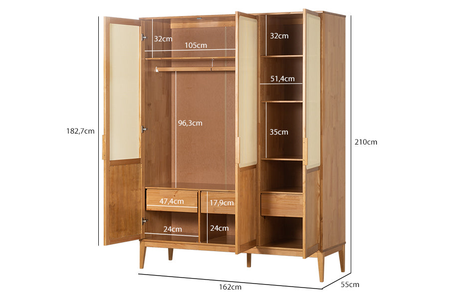 Guarda-Roupa 3 portas Serena visto em diagonal com cotas