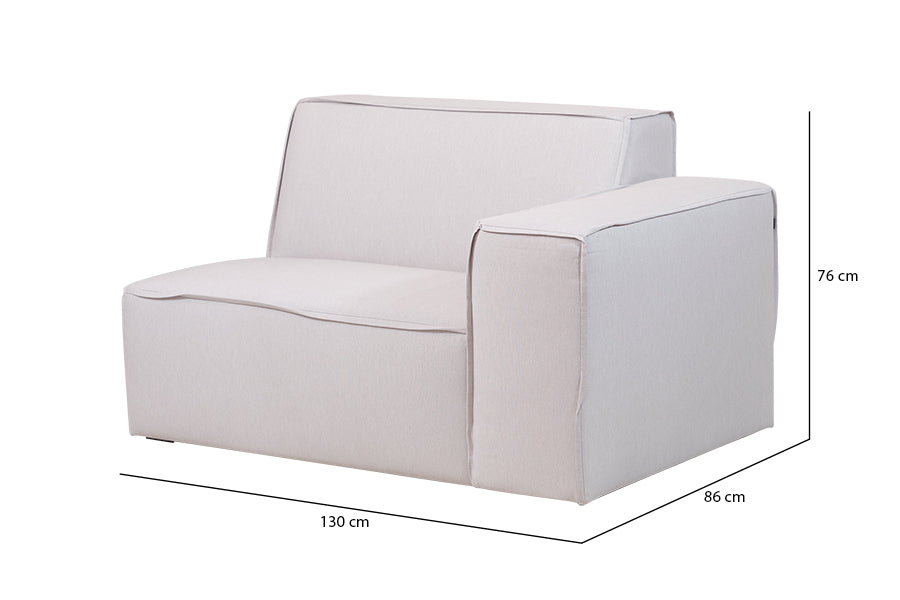 foto do sofá módulo esquerdo maraú na cor bege vista na diagonal em fundo branco com medidas