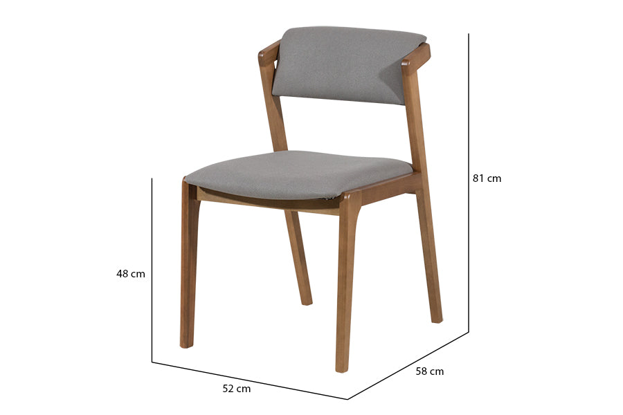 cadeira estofada santorini para sala de jantar vista em perspectiva com medidas