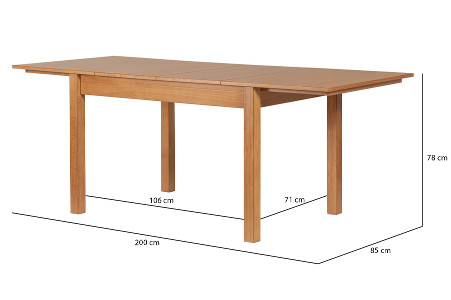 Mesa de Jantar Extensível Euro Nozes no fundo branco vista em perspectiva com dois extensores e medidas descritas na imagem