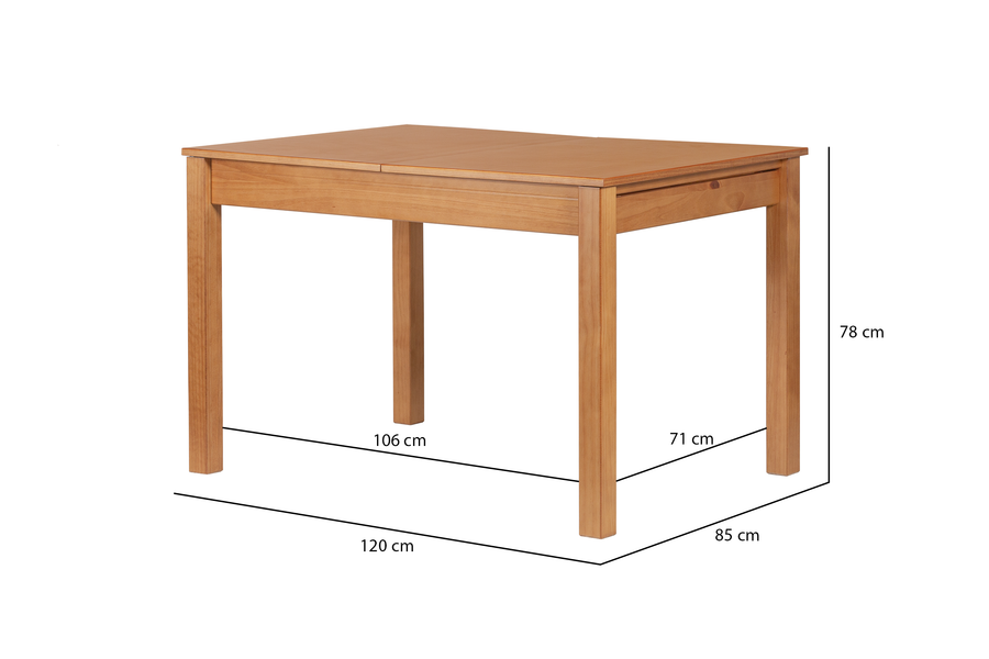 Mesa de Jantar Extensível Euro Nozes no fundo branco vista em perspectiva com medidas descritas na imagem