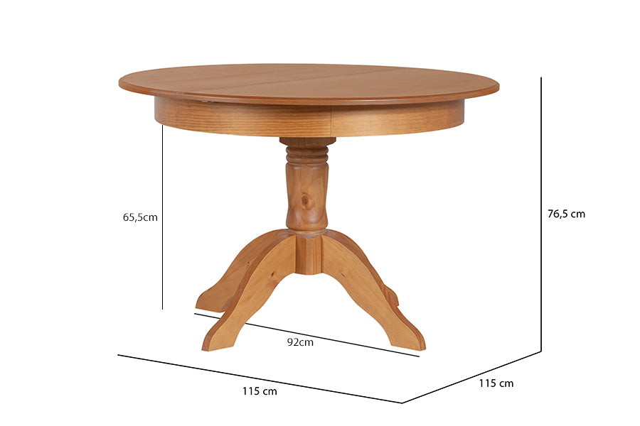 Mesa de Jantar Redonda Extensível Tea  Nozes no fundo branco visto em perspectiva com medidas descritas na imagem